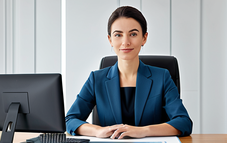 시각디자인과 브랜드 아이덴티티 - **

"Professional businesswoman in a modest business suit, sitting at a desk in a modern office. Ful...
