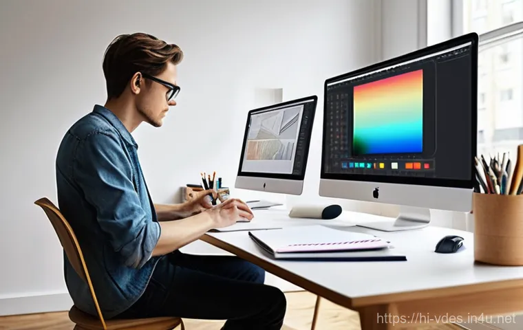 시각디자인 실무 vs 이론 - **Prompt:** "A highly detailed, realistic image of a young adult designer (around 25-30 years old, g...