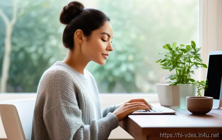 시각디자인 업무 스트레스 관리 - **Prompt:** A young, diverse visual designer, dressed in comfortable but stylish casual attire (like...