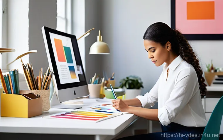 시각디자인과 웹디자인의 차이 - **Prompt 1: The Artisan of Visual Identity**
    "A creative and focused female visual designer, wea...