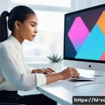 시각디자인 업무 효율화 툴 - **Prompt 1: AI-Powered Prototyping**
    "A vibrant, high-angle full shot of a young female graphic ...