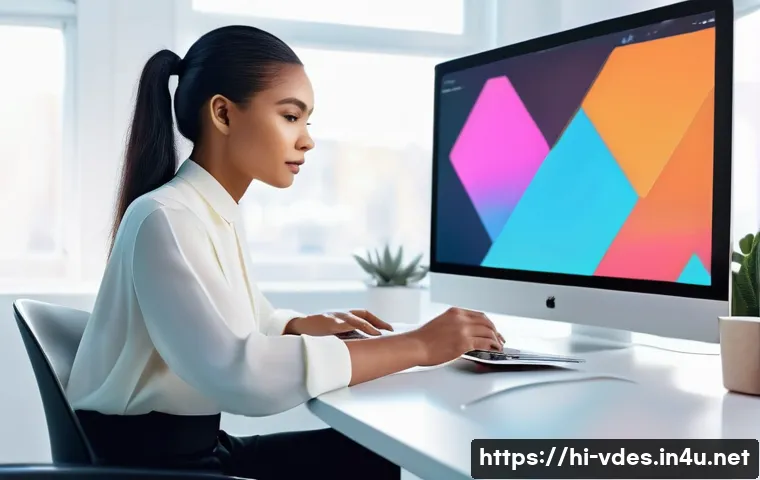 시각디자인 업무 효율화 툴 - **Prompt 1: AI-Powered Prototyping**
    "A vibrant, high-angle full shot of a young female graphic ...