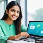시각디자인과 비주얼 스토리텔링 - A vibrant, modern digital marketing workspace scene featuring a young Indian professional woman in m...