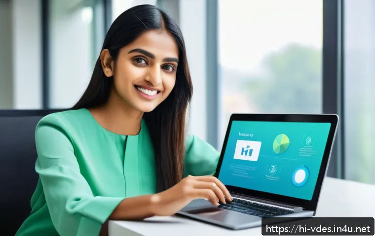 시각디자인과 비주얼 스토리텔링 - A vibrant, modern digital marketing workspace scene featuring a young Indian professional woman in m...