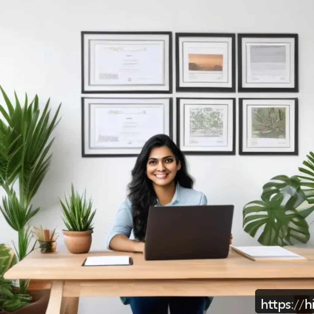 시각디자인 자격증 종류 - A young Indian professional woman sitting at a modern workspace, confidently displaying multiple des...