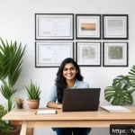 시각디자인 자격증 종류 - A young Indian professional woman sitting at a modern workspace, confidently displaying multiple des...