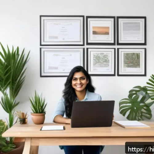 시각디자인 자격증 종류 - A young Indian professional woman sitting at a modern workspace, confidently displaying multiple des...