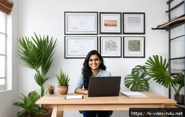 시각디자인 자격증 종류 - A young Indian professional woman sitting at a modern workspace, confidently displaying multiple des...