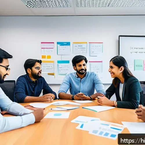 시각디자인 프로젝트 실패 원인 - A collaborative team meeting scene in a modern office with a diverse group of Indian professionals d...
