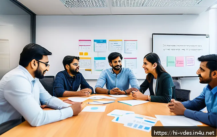 시각디자인 프로젝트 실패 원인 - A collaborative team meeting scene in a modern office with a diverse group of Indian professionals d...