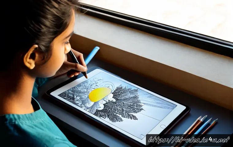 시각디자인과 일러스트레이션 - Photorealistic visual design student workspace in India, focused young adult illustrator using a sty...